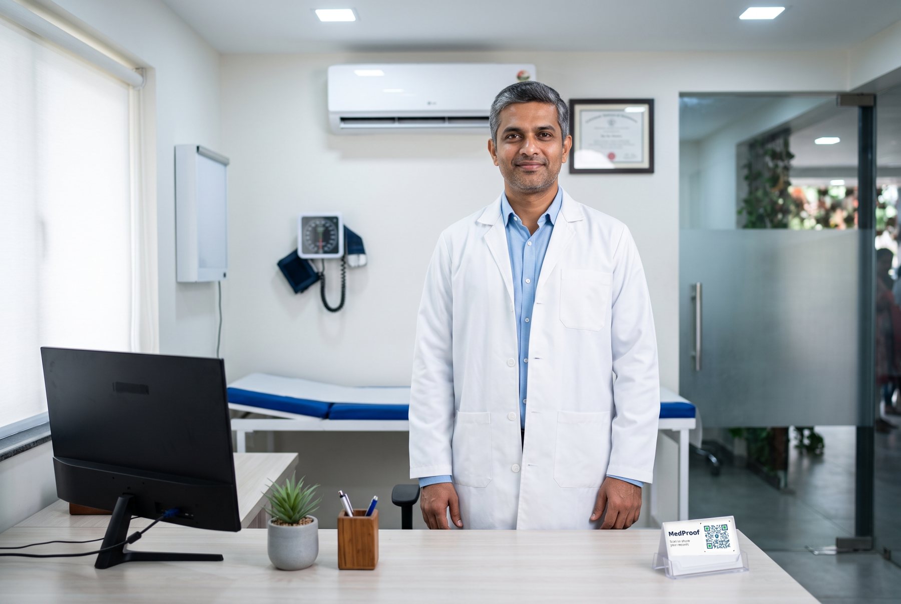 A doctor standing at his desk with a MedProof card