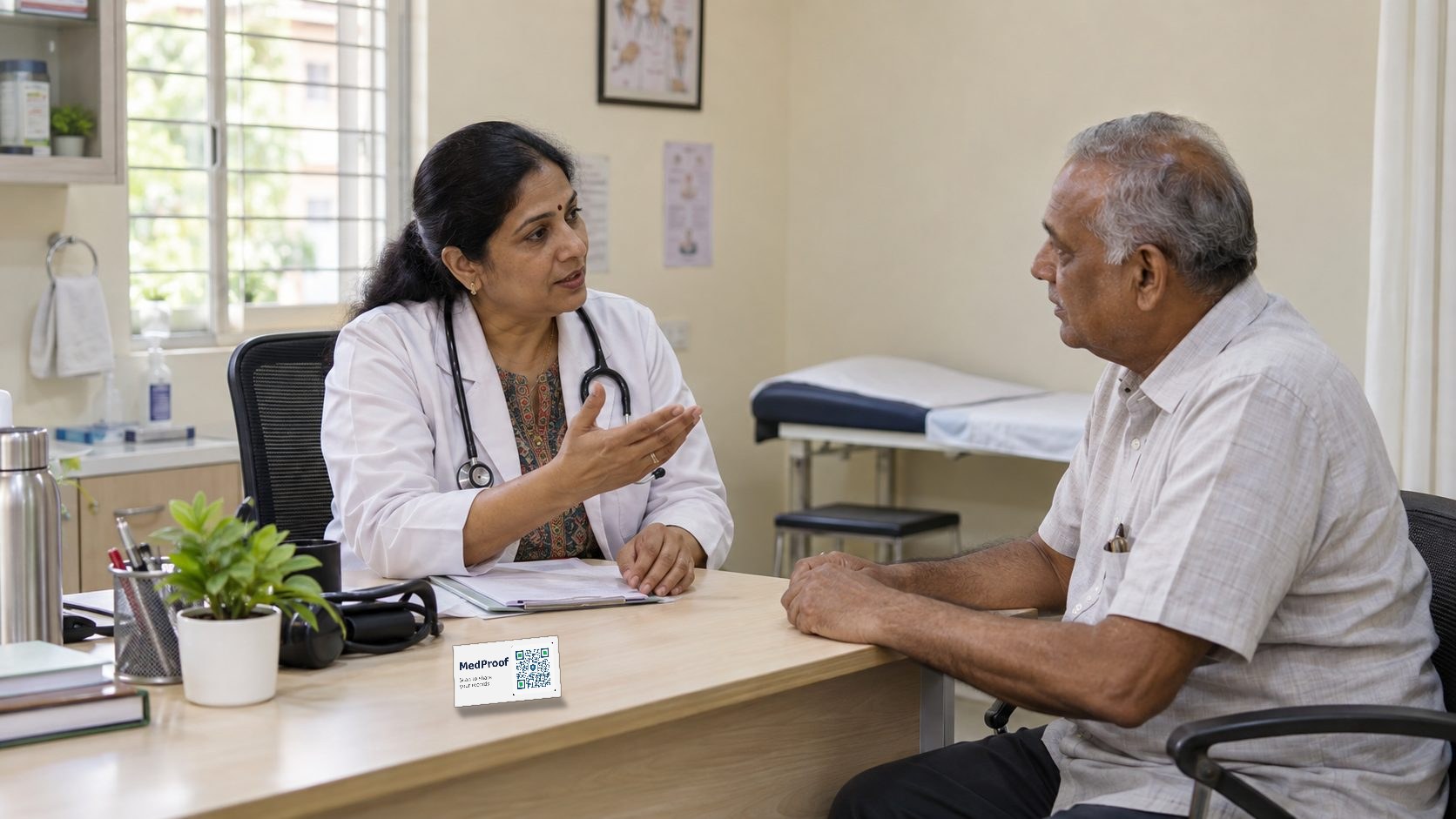 A doctor explaining a result to an older patient in a small clinic