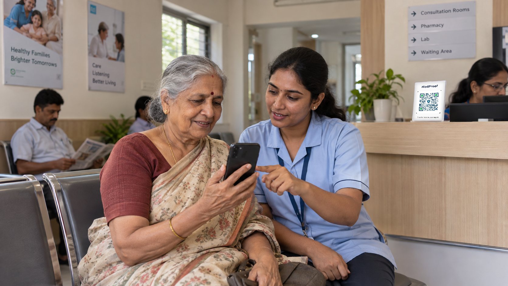 A clinic staff member helping an older woman with her phone in the waiting area