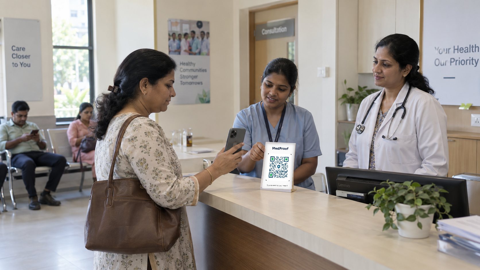 A patient scanning the MedProof code at a clinic reception